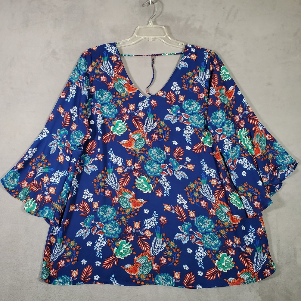 Moa Moa Top Womans 1X Blue Floral Bird Bell Sleeve Tie Back‎ Boho Chic Cottage